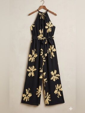 Beautiful Halter-Neck Floral Print Jumpsuit in Black and Yellow
